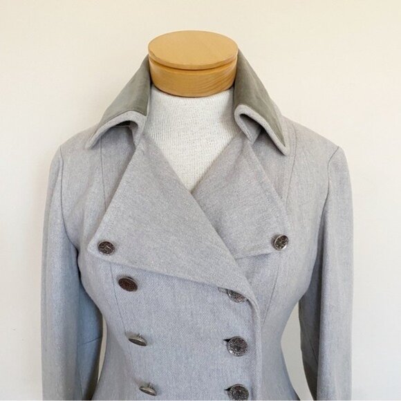 Vintage 1960s Military Style Wool Coat Velvet Collar Cuffs Gray 4 - Picture 2 of 10